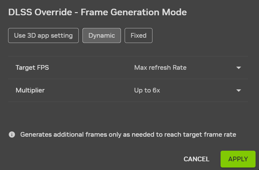 NVIDIA 앱의 DLSS Override Frame Generation Mode에서 Dynamic·목표 주사율·최대6X를 표시한 공식 설정 예시
