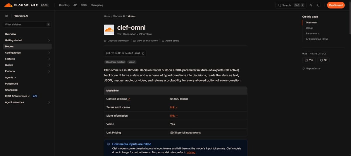Clef-omni의 입력 범위·문맥·과금을 설명한 공식 모델 문서 화면
