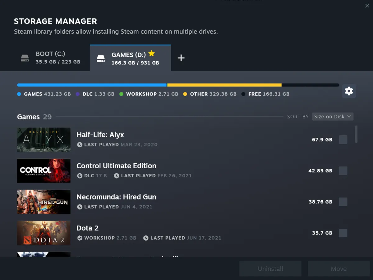 드라이브별사용량과남은공간을구분한2021년공식Steam저장공간관리화면