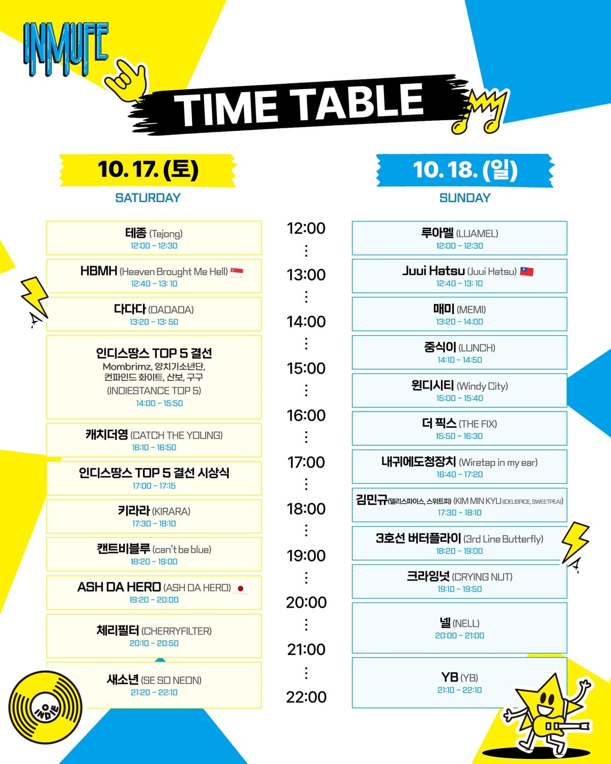 10월17~18일 인뮤페 아티스트별 공연 시작·종료 시각을 담은 공식 시간표