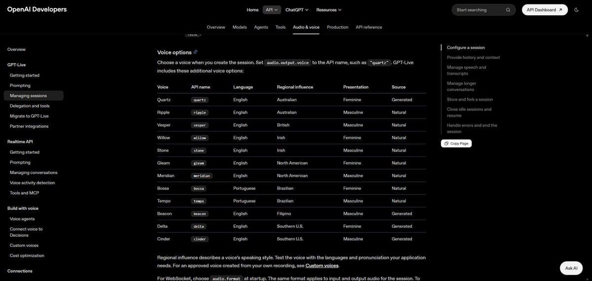 OpenAI GPT-Live 공식 API 문서에 표시된 목소리별 언어와 지역적 말투 선택 표 원화면