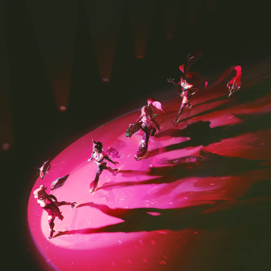 K/DA FIRESTARTER EP 공식 사전 저장 페이지의 분홍빛 길 위 네 캐릭터 아트워크