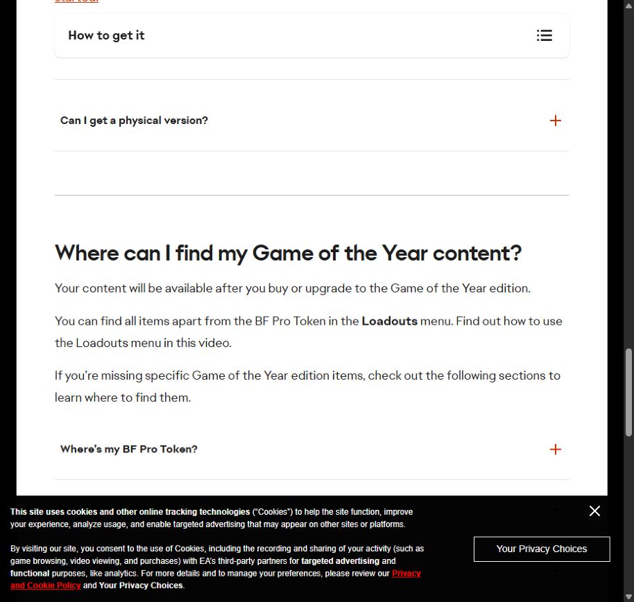 GOTY 구매·업그레이드 후 추가 콘텐츠의 확인 위치를 안내하는 EA 고객지원 화면