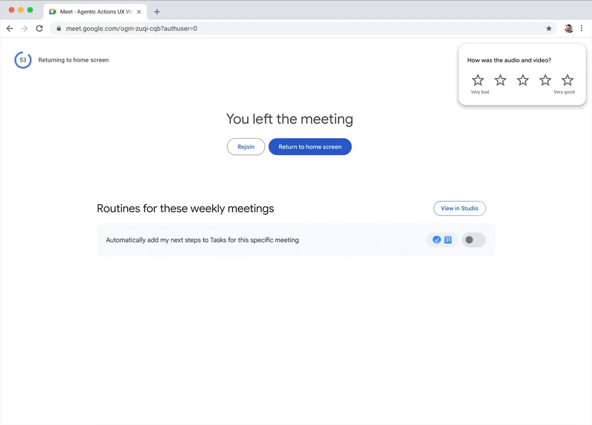 반복회의 종료 뒤Google Tasks 자동 추가 루틴을 켜는 Google 공식 예시 화면