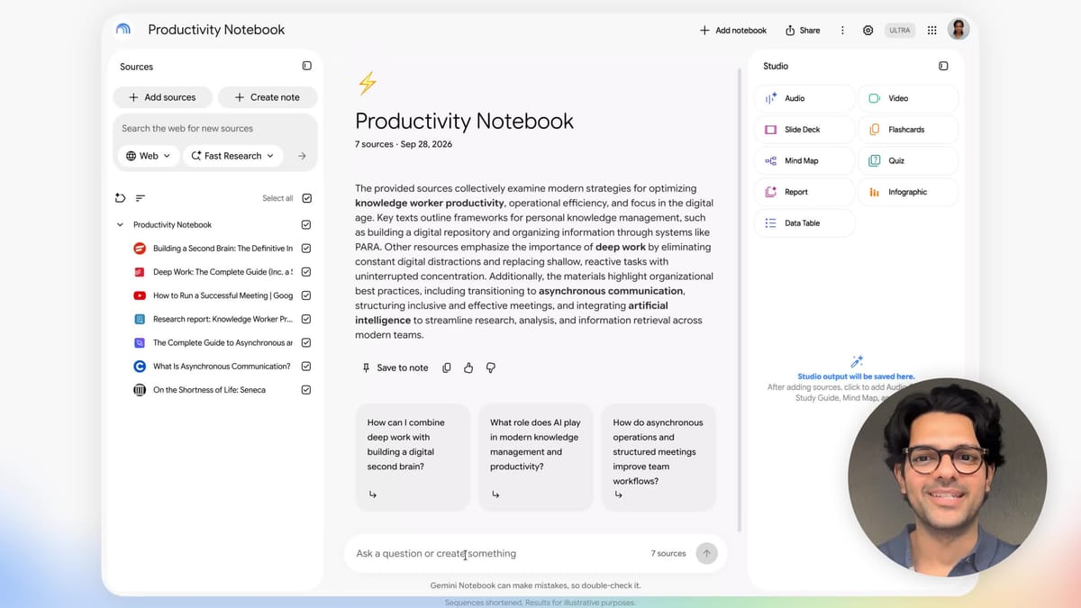 Gemini Notebook의 자료 목록과 Studio가 보이는 Google 공식 슬라이드 공동제작 시연 화면
