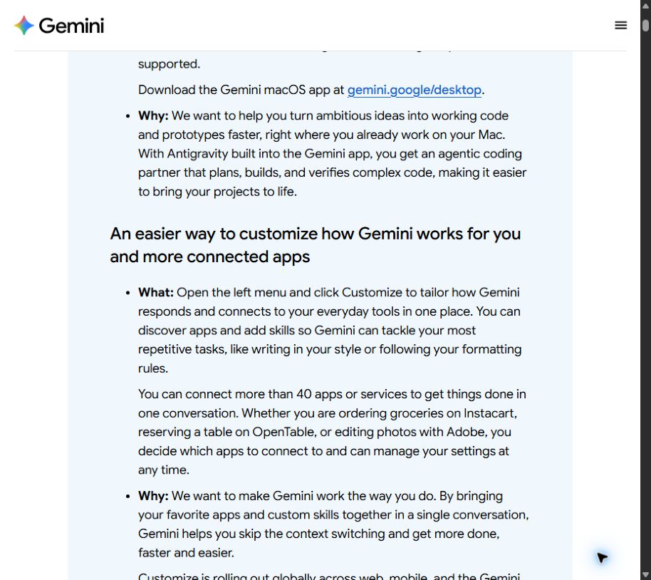 Customize 및 여러 연결 앱 사용법을 설명하는 Gemini 공식 출시 노트 화면