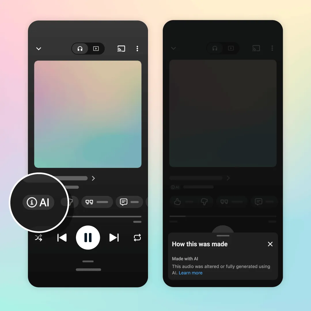 YouTube Music의 AI 정보 표시와 How this was made 설명 메뉴를 나란히 보여 주는 공식 시안