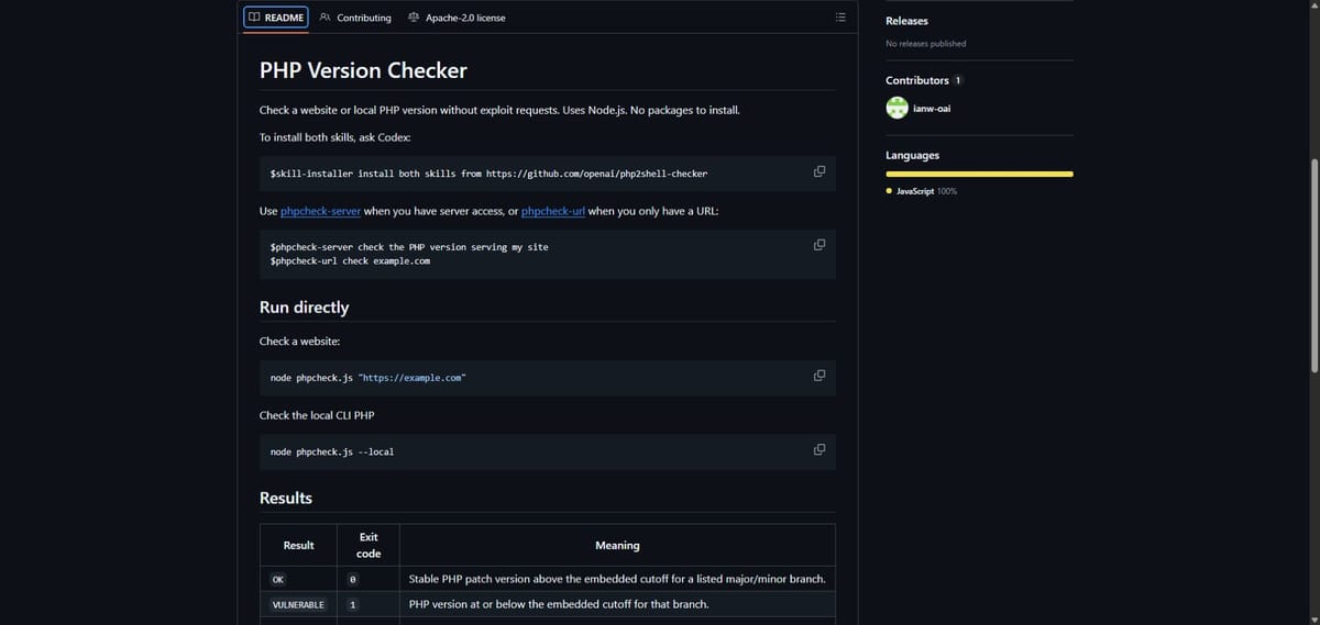 OpenAI PHP Version Checker 공식 README의 도구 설명과 버전 결과 분류 원화면