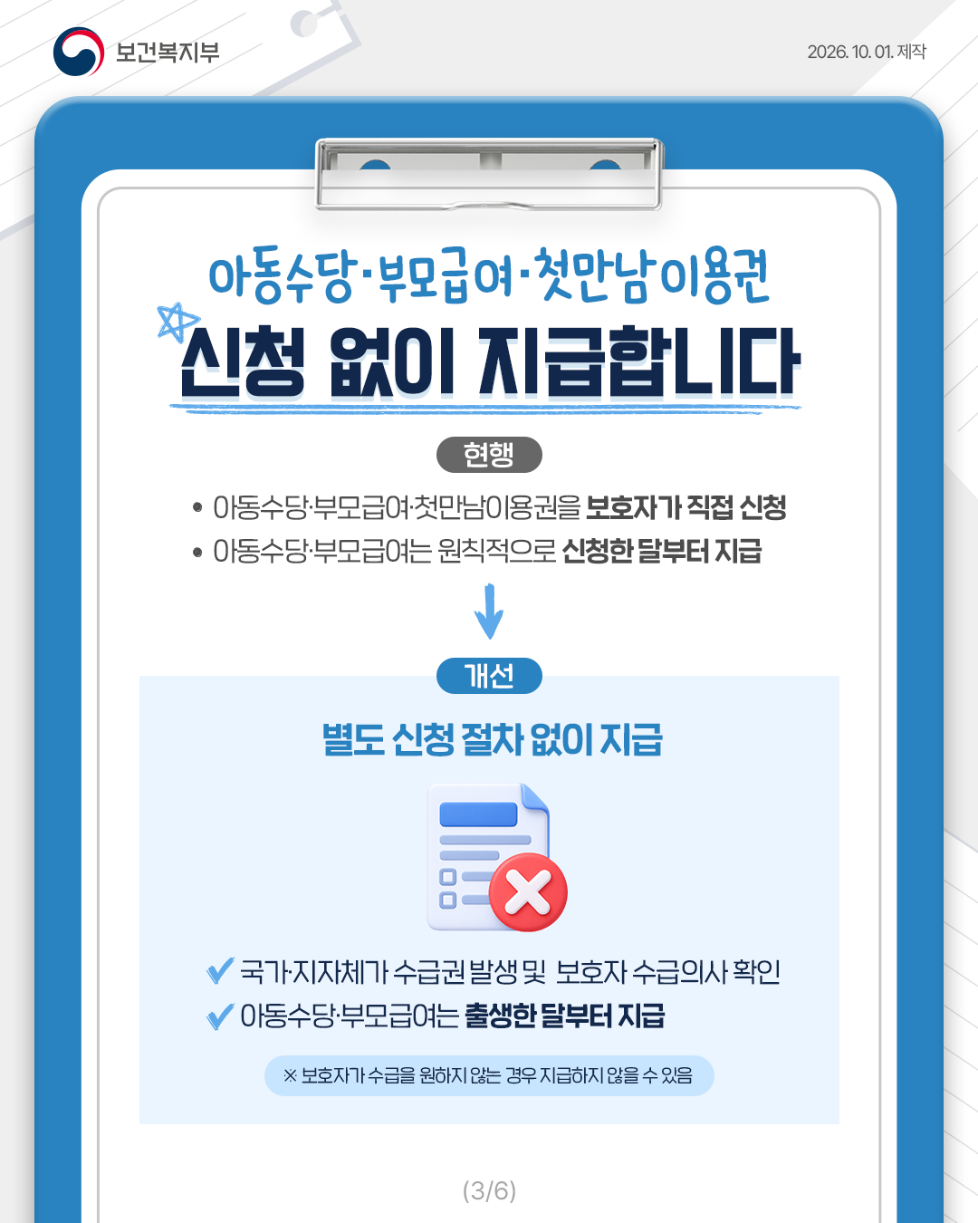 아동수당·부모급여·첫만남이용권의 신청 절차 개선과 출생월 지급을 설명한 보건복지부 원본 카드뉴스