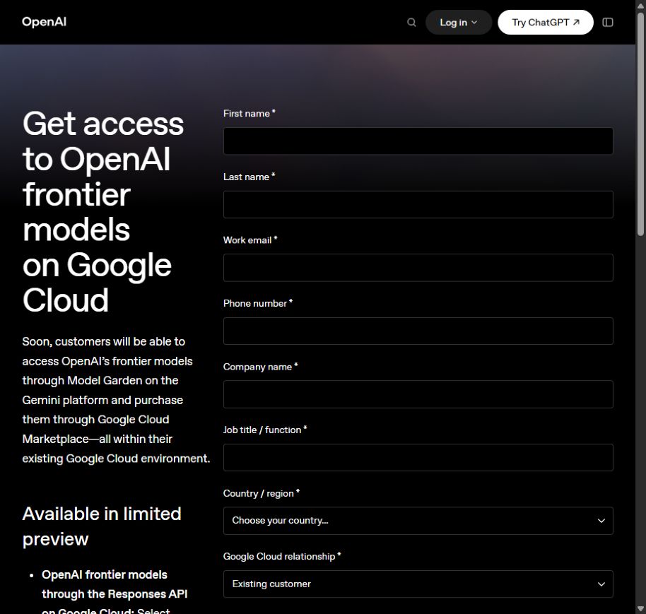 제한된 프리뷰 안내와 비어 있는 신청 항목이 보이는 OpenAI Google Cloud 공식 신청 화면