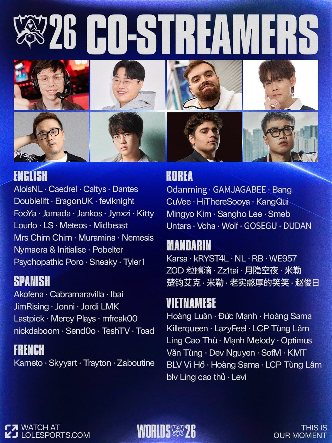 Korea 항목의Wolf·GOSEGU·Bang 등을 포함한2026 롤드컵 공식 공동중계 첫 명단 포스터