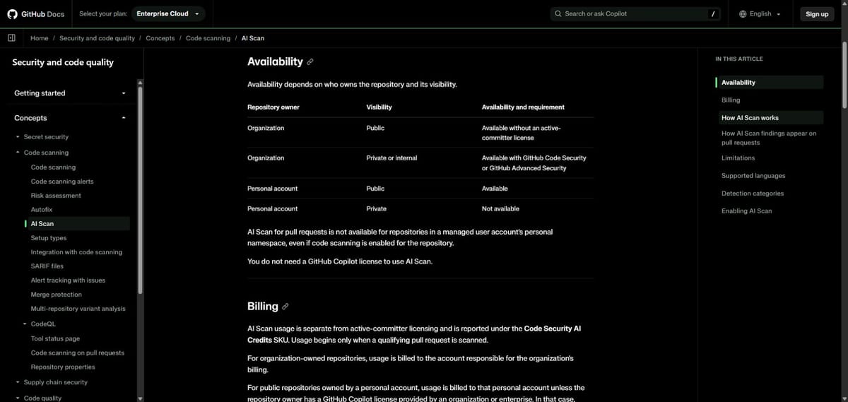 GitHub AI Scan 공식 문서의 조직·개인 및 공개·비공개 저장소 적용 조건 표