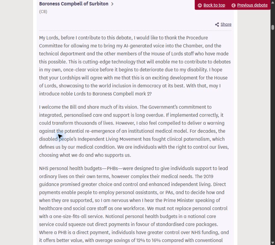 캠벨이 AI 음성 사용 허용에 감사한 Hansard 공식 발언 기록